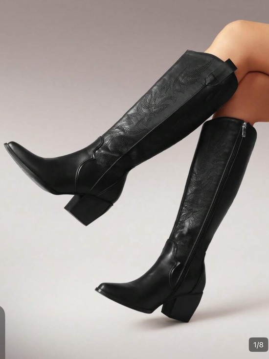 Shoes - Women's Black Knee-High Western Block Heel Boots
